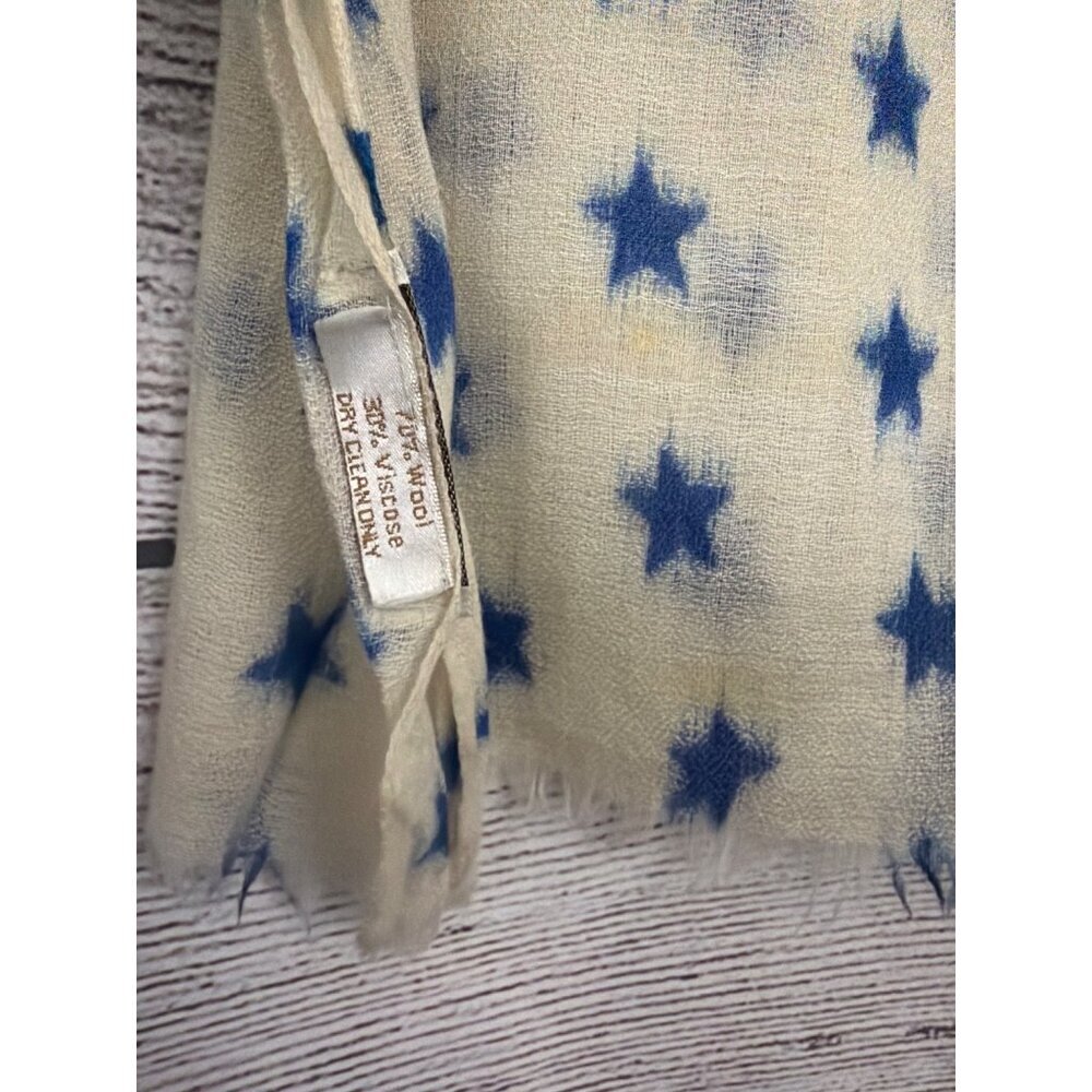 Torrente Cream & Blue Star Pattern Scarf With Fringe Edges - Picture 3 of 3